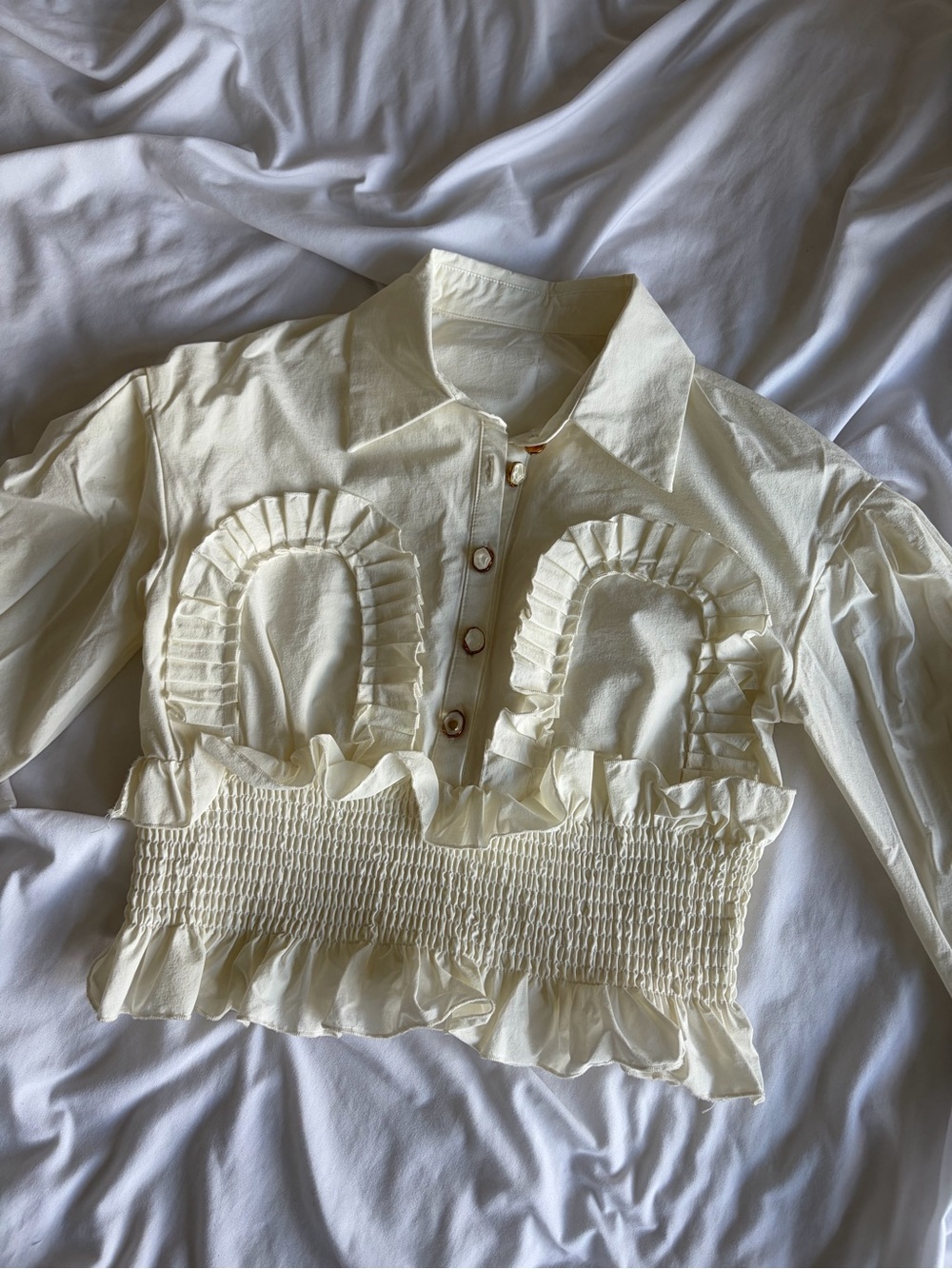 Cream Ruffled Button-Up Blouse - Picture 3 of 6